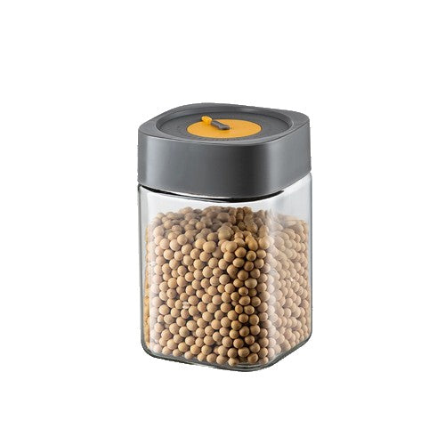 Borcan Alimentar din sticla cu Capac Vid, Vivimall, 1000 ml, Inchidere Ermetica pentru Orice Tip de Produse, Design Patrat, 10 x 10 x 15.5 cm, Transparenta cu Capac Gri - vivimall.ro