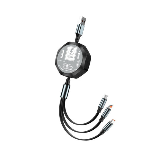 Cablu Retractabil 3in 1 pentru Telefon, Vivimall, Cablu de incarcare rapida 100W, stil Mecha, potrivit pentru Auto, Universal 1.2M, Negru - vivimall.ro