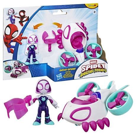 SPIDEY SI PRIETENII LUI UIMITORI MARVEL SET FIGURINA GHOST SPIDER SI VEHICUL COPTER 7.6CM