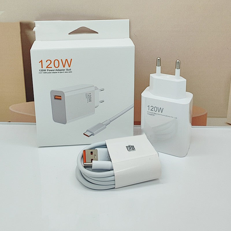 Adaptor priză europeană 120W Fast Charge cu port USB-A, design compact alb, detaliu conector