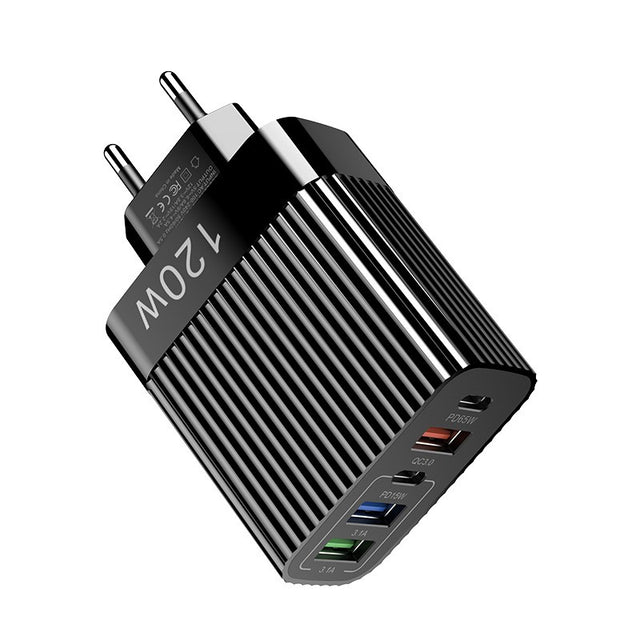 Incarcator Retea pentru Telefon, Vivimall, Super Fast Charger Multi-Port, Power Delivery 120W, 3 USB-A, 2 TYPE-C, Compatibil Telefon si Tableta, Negru - vivimall.ro