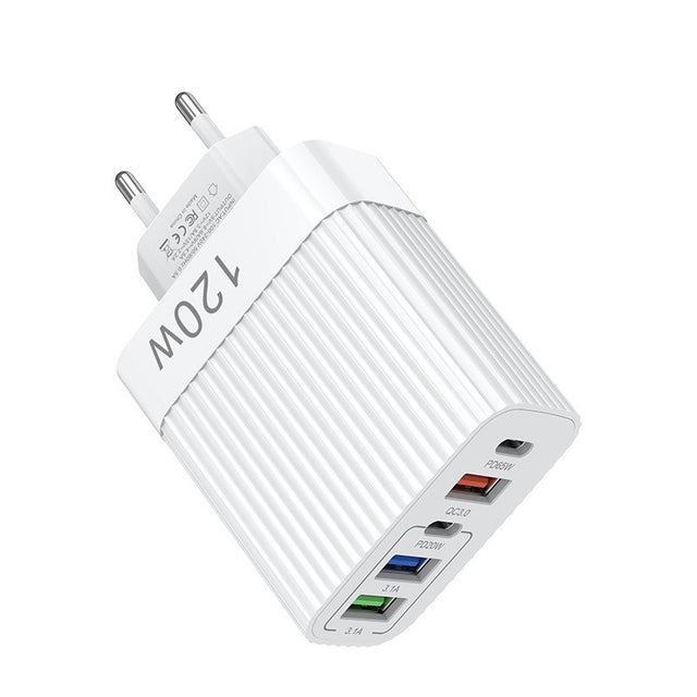 Încărcător rețea 120W cu 3 USB-A și 2 Type-C Power Delivery, vedere frontală, culoare albă