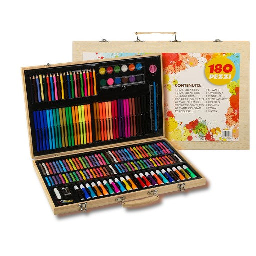 Set 180 Piese Pentru Desen Si Pictura, Tip Servieta Din Lemn