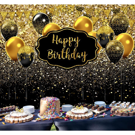 Detaliu imprimare digitală fundal foto pânză negru auriu, accente aurii și mesaj Happy Birthday, culori vibrante