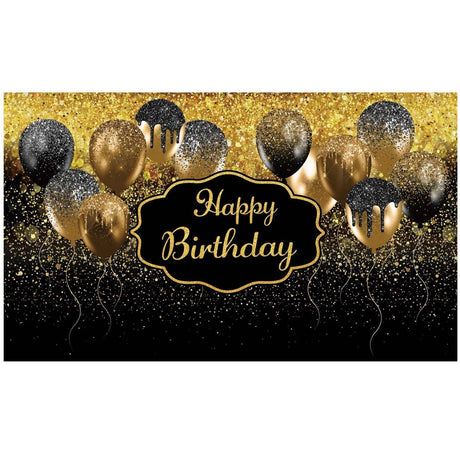 Fundal studio foto din pânză poliester negru auriu 185x110 cm, vedere frontală completă, design Happy Birthday