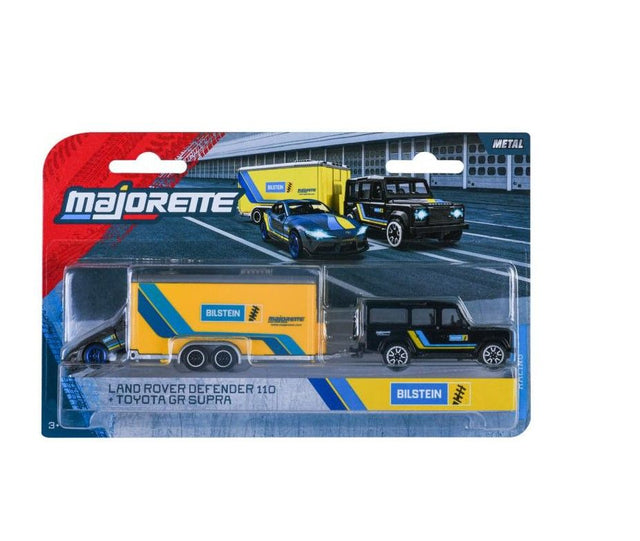 MAJORETTE TRANSPORTER SET REMORCA DE CURSE DELUXE LAND ROVER DEFENDER 110 SI MASINUTA TOYOTA GR SUPRA
