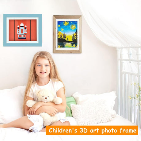 Rama Foto Vivimall, cu Magnet, din Lemn, cu Spatiu Pentru Depozitare, Pentru Desene si Picturi A4, Sticla Securizata, Rama MDF, 21x30 cm, Albastru - vivimall.ro