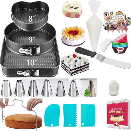 Set De 216 Piese De Copt Pentru Prajituri, 3 Tavi De Copt, Nivelator, Forme Cupcake, Pos Pentru Ornat Cu 7 Capete, Feliator Tort, Din Otel Inoxidabil, Multicolor - vivimall.ro