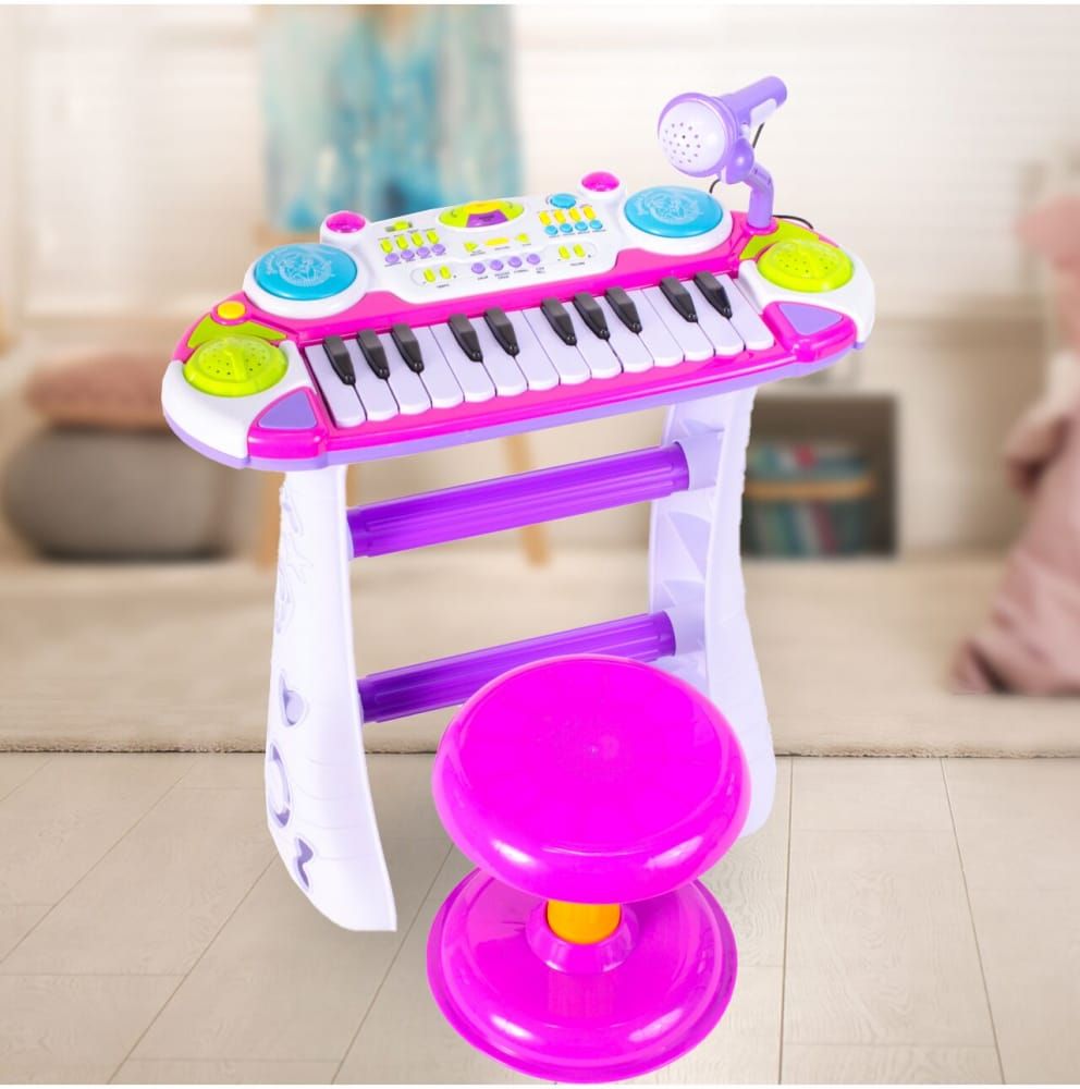 INSTRUMENT MUZICAL PIANINA ELECTRONICA MALPLAY CU SCAUN SI MICROFON 45 CM INALTIME ROZ