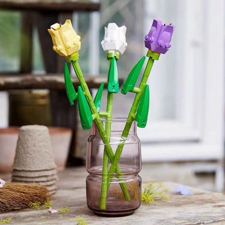 Set De Constructie 3 Lalele, 24Cm Lungime, Ornament Floral, 111 Piese, 6 Ani, Mov-Alb- - vivimall.ro