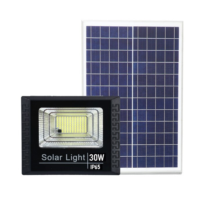 Proiector LED SMD 30W cu incarcare solara Vivimall, panou solar, cu telecomanda, suport prindere, material ABS, 1.2AH, 100 LED-uri, 93Lm, 11.8x21 cm, negru