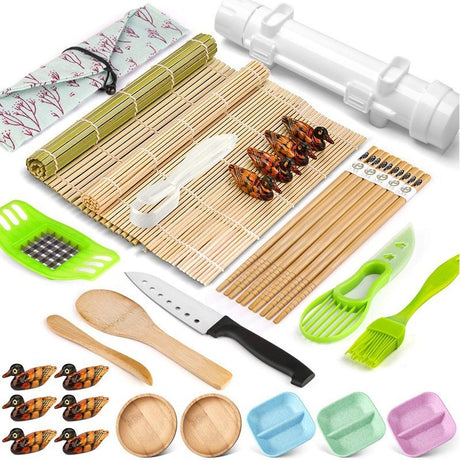 Set Ustensile Pentru Sushi, Set Din 31 Accesorii Pentru Sushi, Set Pentru Sushi Home Made, Cutit Inclus, Forme, Betisoare, Multicolor - vivimall.ro