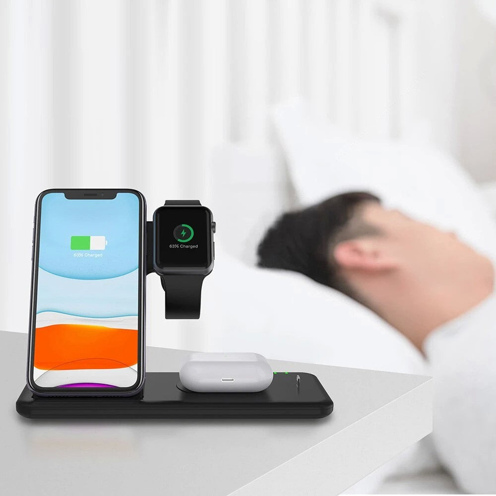 Încărcător wireless pliabil negru cu telefon și AirPods în poziție de încărcare