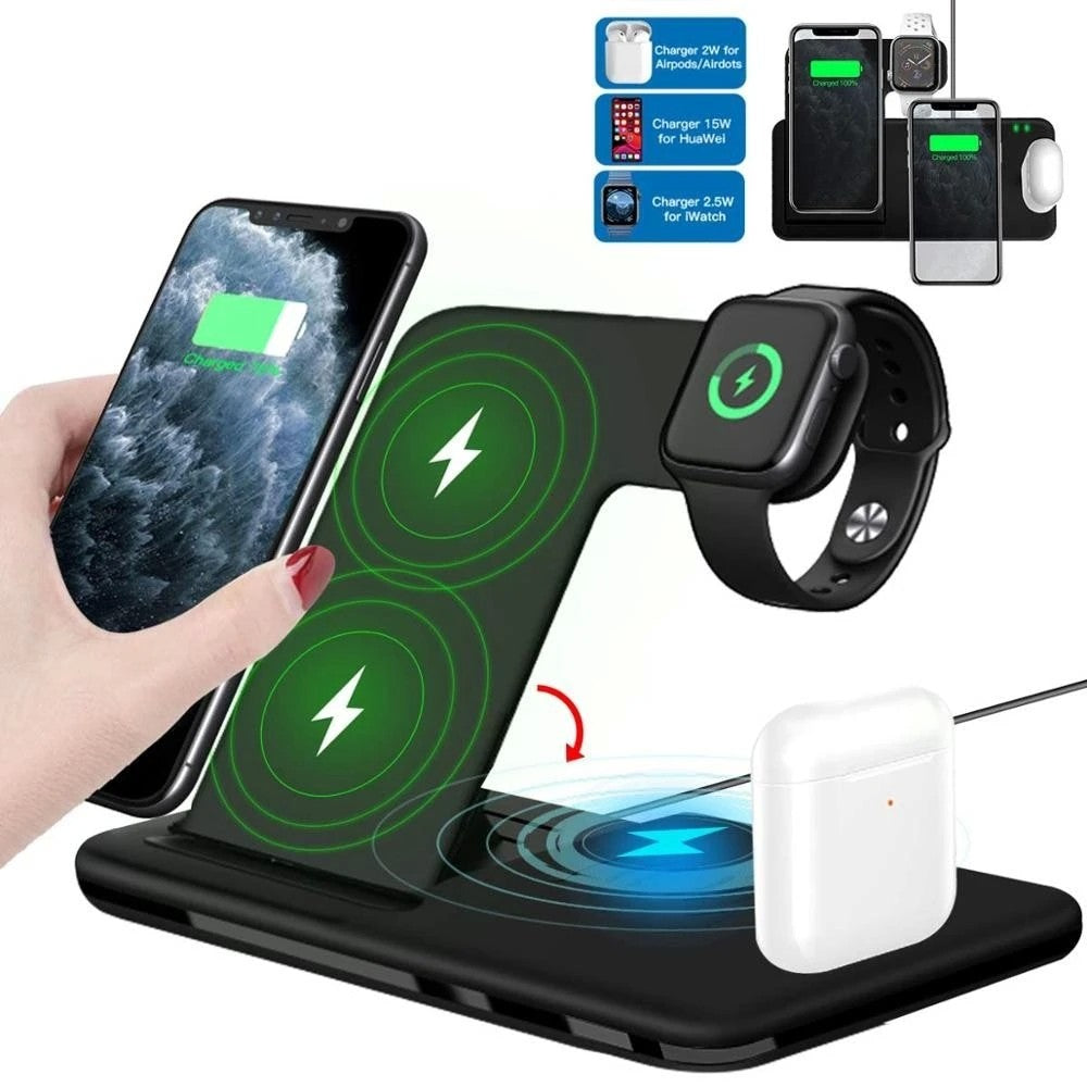 Stație wireless Vivimall cu Apple Watch și iPhone în curs de încărcare, vedere din față