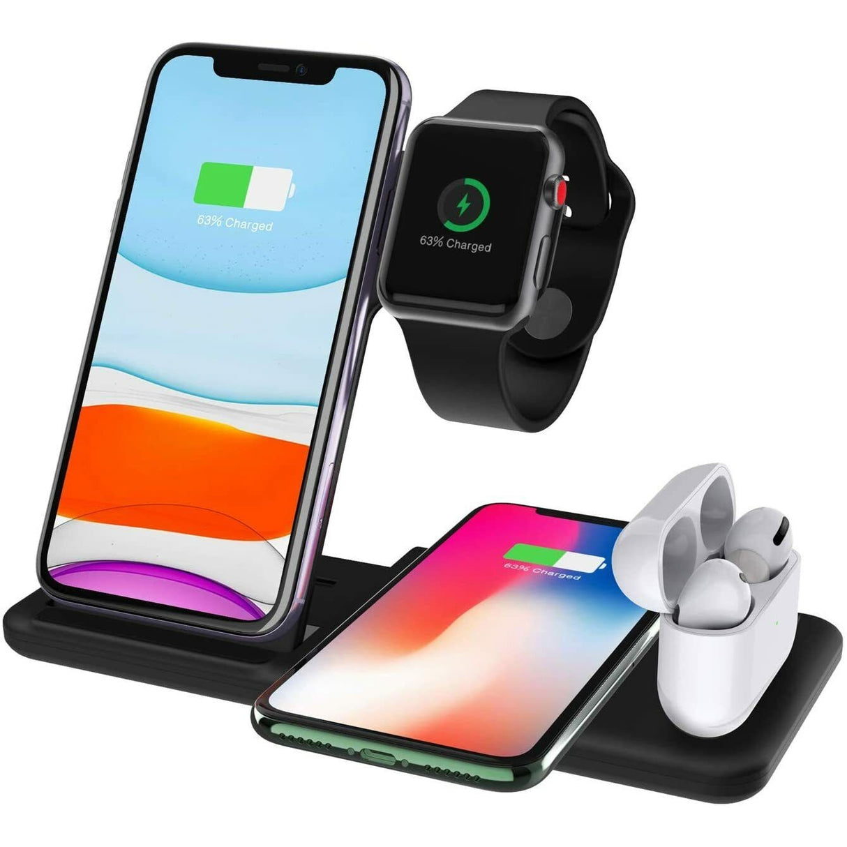 Stație încărcare wireless 4 în 1, design pliabil, 15W, culoare neagră, vedere frontală