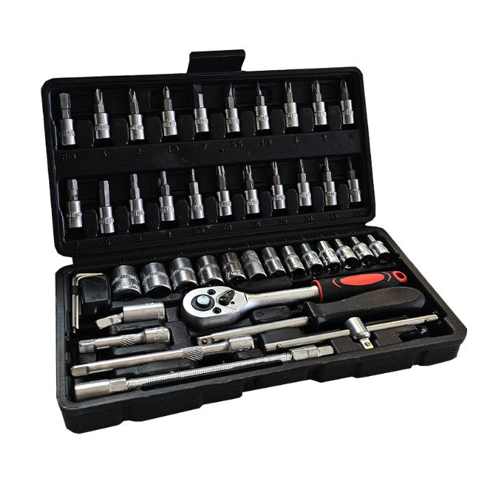 Chei Tubulare Set 46 De Piese, Trusa Scule De Reparatii Auto, Prelungitoare Rigid Si Flexibil, Articulatie Cardanica, Antrenor De Forta Glisant, Adaptoare, Maner Pentru Surubelnita, 1.9 Kg, Cutie Neagra - vivimall.ro