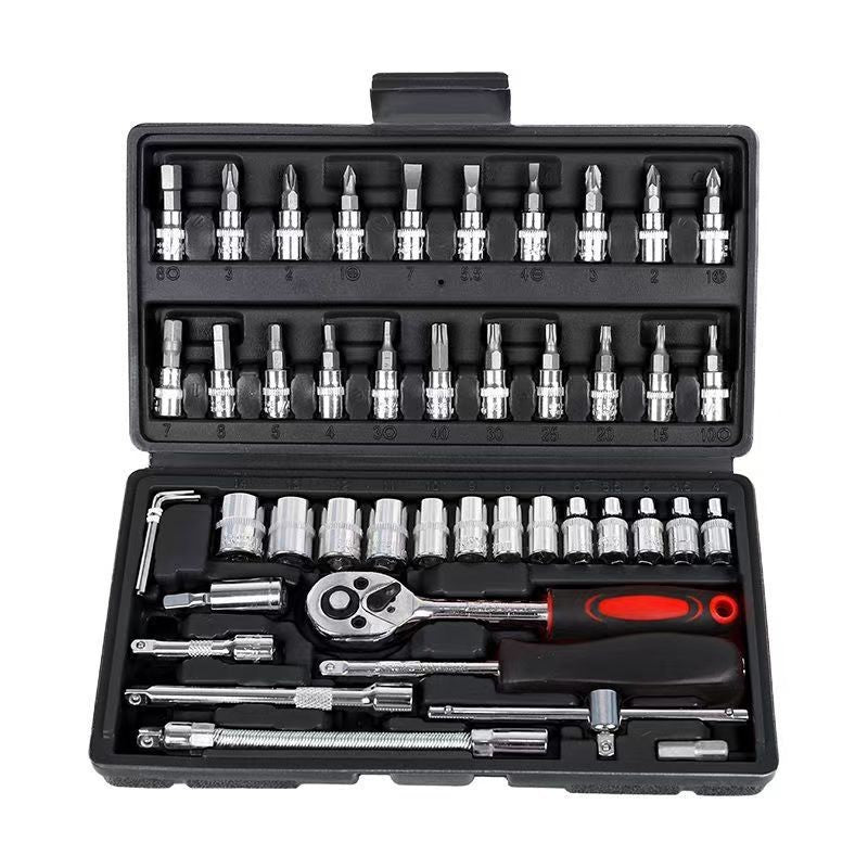 Chei tubulare Set 46 de Piese, Flippy, Trusa Scule de Reparatii Auto, Prelungitoare Rigid si Flexibil, Articulatie Cardanica, Antrenor de Forta Glisant, Adaptoare, Maner pentru Surubelnita, 23 x 12 x 4 cm, 1.9 kg, Cutie Neagra