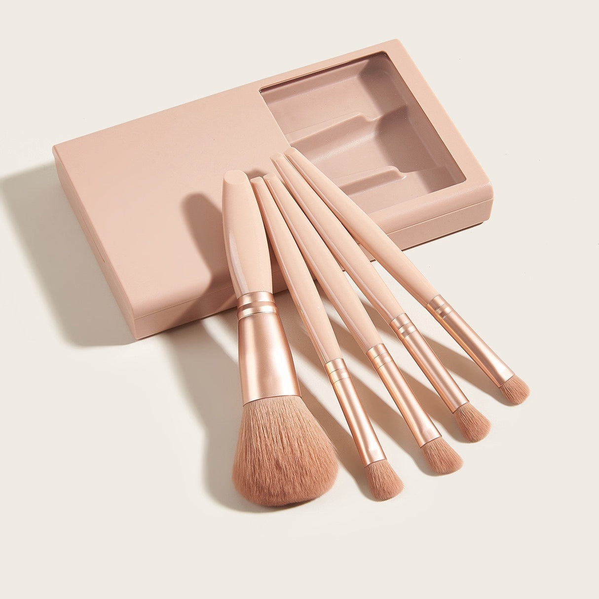 Set 5 Pensule De Machiaj Cu Peri Moi, Cu Suport Pentru Depozitare Si Oglinda, Roz Pal - vivimall.ro