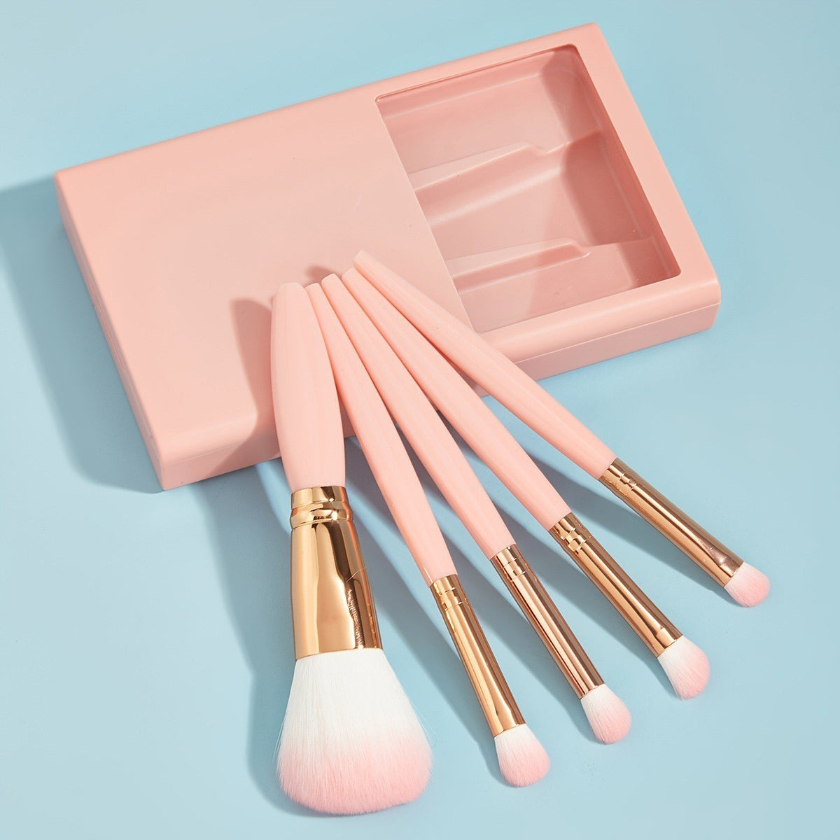 Set 5 Pensule de Machiaj cu Peri Moi, Vivimall, cu Suport pentru Depozitare si Oglinda, Roz