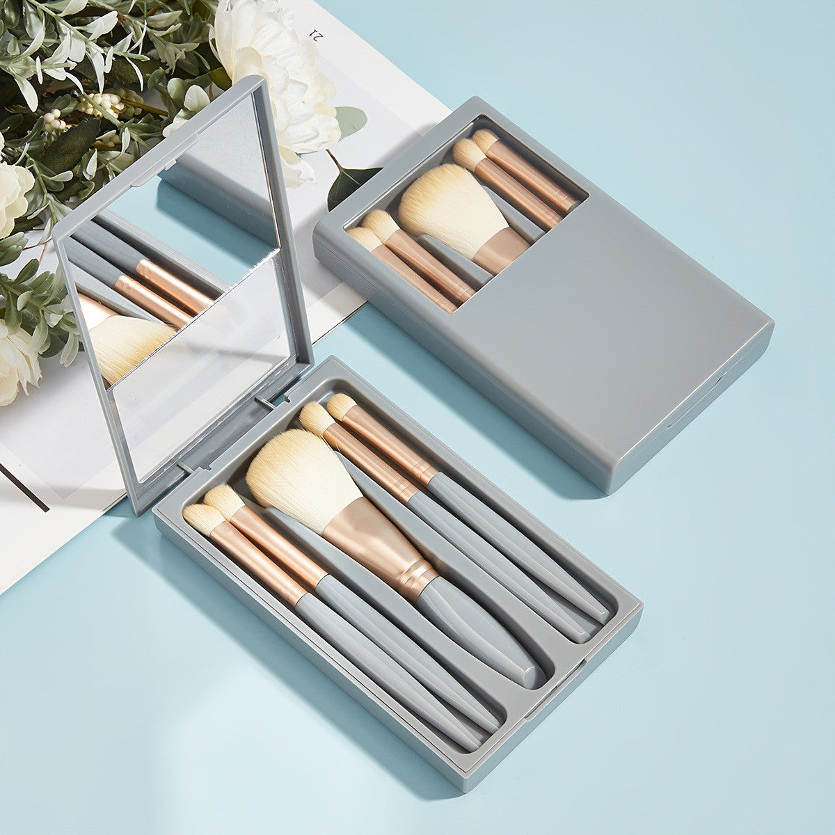 Set 5 Pensule De Machiaj Cu Peri Moi, Cu Suport Pentru Depozitare Si Oglinda - vivimall.ro