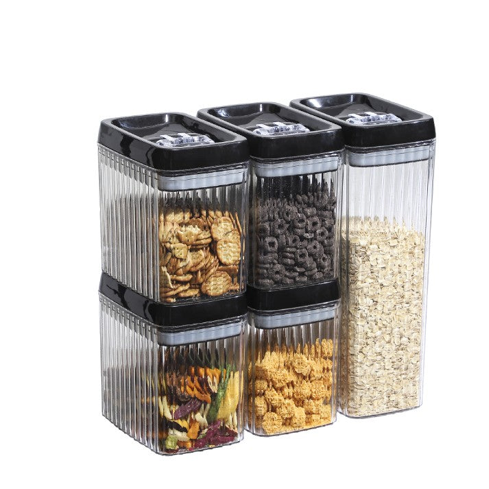 Set 5 Recipiente Din Plastic, Pentru Alimente/Obiecte, Inchidere Ermetica, Textura Ondulata, 4 X 1.5L, 1 X 3.3 L, Transparent - vivimall.ro