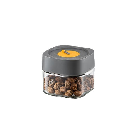 Borcan Alimentar din sticla cu Capac Vid, Vivimall, 500 ml, Inchidere Ermetica pentru Orice Tip de Produse, Design Patrat, 10 x 10 x 9 cm, Transparenta cu Capac Gri - vivimall.ro