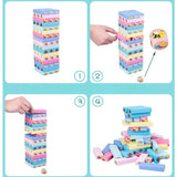 Joc de Societate, Vivimall, pentru Copii, din Lemn, Interactiv, Distractiv, Jenga Stack High Blocks, cu Zar, 51 de Piese Animate, 24.5x18x5 cm, Multicolor - vivimall.ro