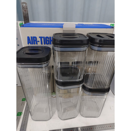 Cutii de Depozitare Alimente, Vivimall, Set din 5 Cutii de tip Container, Recipiente pentru Cereale in Bucatarie,  Transparente cu Capac Negru - vivimall.ro