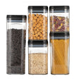 Cutii de Depozitare Alimente, Vivimall, Set din 5 Cutii de tip Container, Recipiente pentru Cereale in Bucatarie,  Transparente cu Capac Negru - vivimall.ro