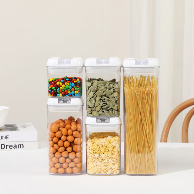 Cutii De Depozitare Alimente, Set Din 5 Cutii Pentru Condimente, Volumetrie 0.5L, 0.8L, 1.2L, 1.9L, Transparente Cu Capac Alb - vivimall.ro