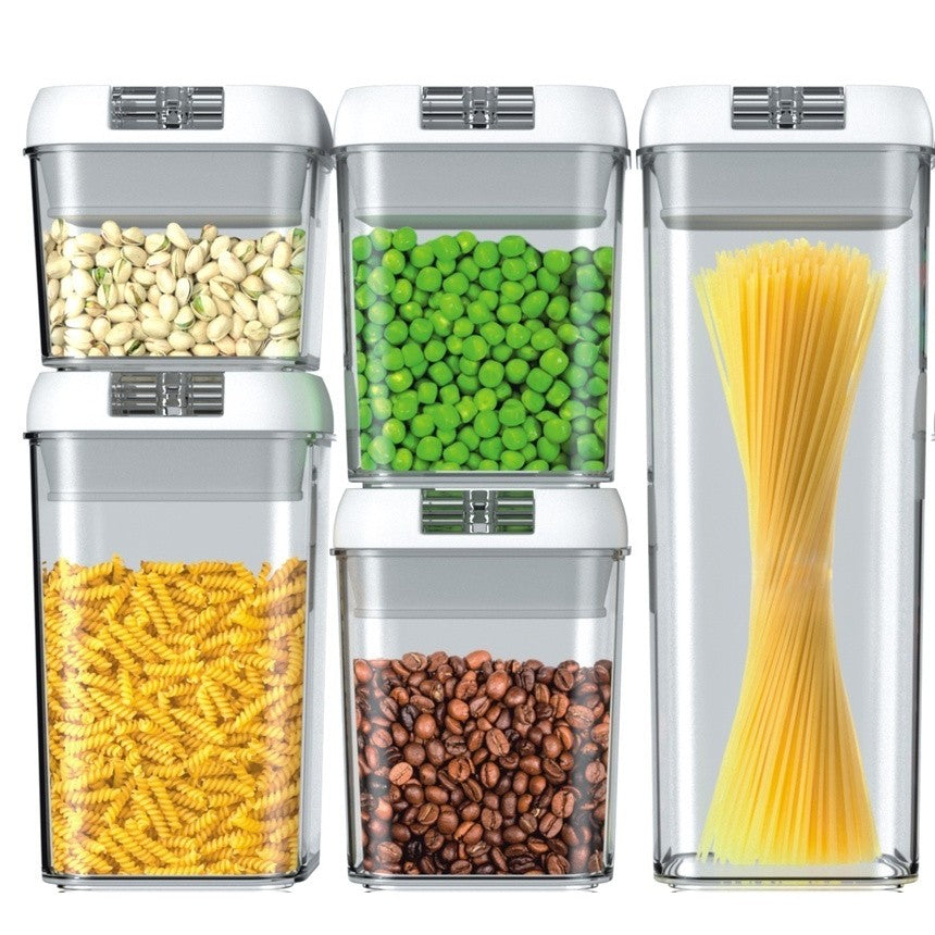 Cutii De Depozitare Alimente, Set Din 5 Cutii Pentru Condimente, Volumetrie 0.5L, 0.8L, 1.2L, 1.9L, Transparente Cu Capac Alb - vivimall.ro