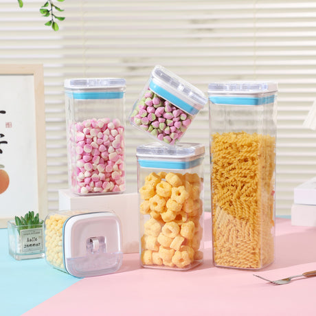 Cutii de Depozitare Alimente, Vivimall, Set din 5 Cutii de tip Container, 1x0.5 l, 2x0.8 l, 1x1.2 l, 1x1.9 l, Recipiente pentru Cereale in Bucatarie,  Transparente cu Capac Albastru-Alb - vivimall.ro