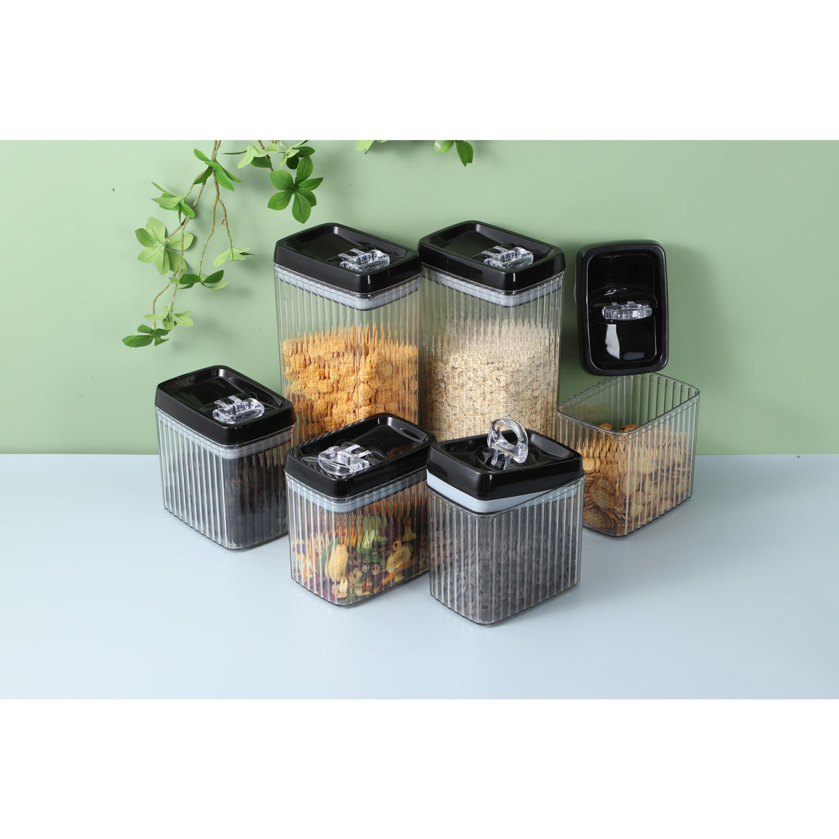 Set 6 Recipiente Din Plastic, Pentru Alimente/Obiecte, Inchidere Ermetica, Textura Ondulata, 6 X 1.5L, Transparent - vivimall.ro