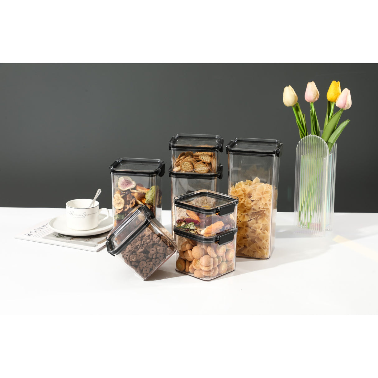 Set 6 Recipiente din Plastic, Vivimall, pentru Alimente/Obiecte, Inchidere Ermetica, 2 x 460 ml, 2 x 700 ml, 1 x 1300 ml, 1 x 1800 ml, Transparent - vivimall.ro