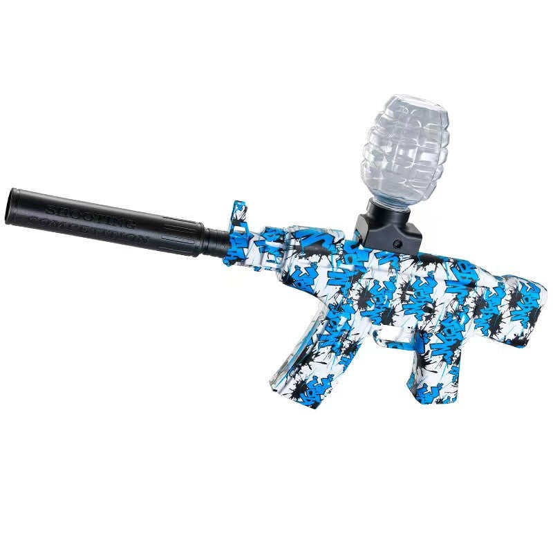 Mitraliera de jucarie electrica Vivimall cu bile de hidrogen de gel, gun bluster, tragere in rafala, varsta peste 6 ani, sageti cu ventuze de spuma, amorizor, ochelari de protectie, 5000 de bile incluse, cablu de incarcare, 28x31 cm, AK47, albastru - vivimall.ro