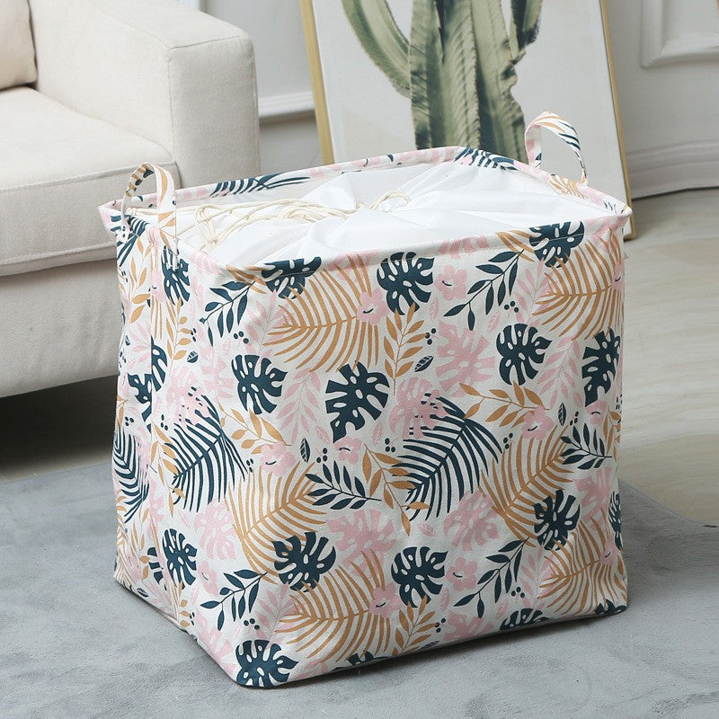 Cos de Depozitare pentru Rufe, Flippy, Cos Pliabil CLOTHBOX pentru Depozitarea Jucarii, Haine, Cos de Haine Murdare cu Snur, 80 x 50 x 50 cm, Model Frunze, Alb Multicolor