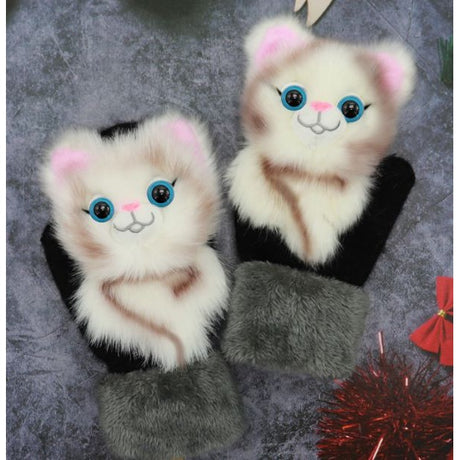 Manusi de Plus pentru Copii, Flippy, de Iarna, Groase, Moi, Calduroase, Model Animat Pisica Crem