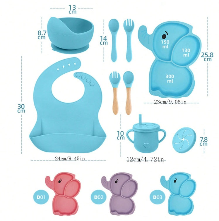 Set 10 Piese Servire Masa. Vivimall, pentru Bebelusi si Copii, din Silicon/Lemn, cu Ventuze Anti-alunecare, fara Alergeni. +6 Luni, Model Elefant - vivimall.ro
