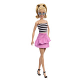 BARBIE PAPUSA BARBIE FASHIONISTA BLONDA CU PARUL PRINS IN COADA SI FUSTA ROZ