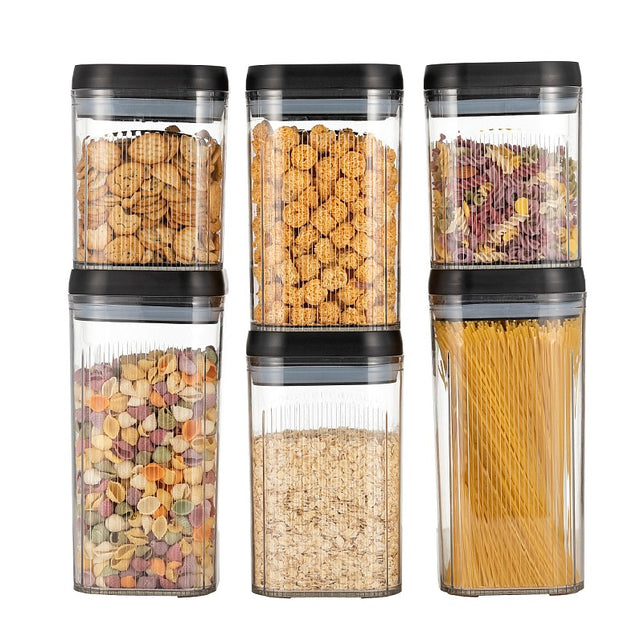 Cutii De Depozitare Alimente, Set Din 6 Cutii De Tip Container, Recipiente Pentru Cereale In Bucatarie, Transparente Cu Capac Negru - vivimall.ro