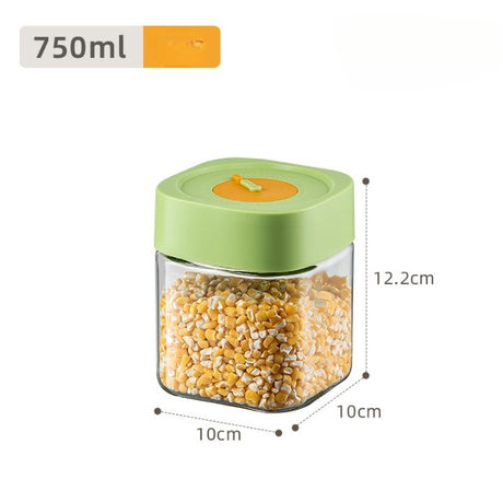 Borcan Alimentar din sticla cu Capac Vid, Vivimall, 750 ml, Inchidere Ermetica pentru Orice Tip de Produse, Design Patrat, 10 x 10 x 12.5 cm, Transparenta cu Capac Verde - vivimall.ro