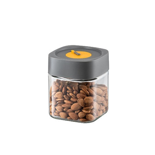 Borcan Alimentar din sticla cu Capac Vid, Vivimall, 750 ml, Inchidere Ermetica pentru Orice Tip de Produse, Design Patrat, 10 x 10 x 12.5 cm, Transparenta cu Capac Gri - vivimall.ro
