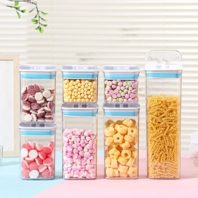 Cutii De Depozitare Alimente, Set Din 7 Cutii De Tip Container, 2X0.5 L, 2X0.8 L, 2X1.2 L, 1X1.9 L, Recipiente Pentru Cereale In Bucatarie, Transparente Cu Capac Albastru-Alb - vivimall.ro
