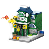 Set de construcție Flippy STEM 132 piese, model 3D Strada Comercială Europeană, culori verde și albastru, vedere frontală