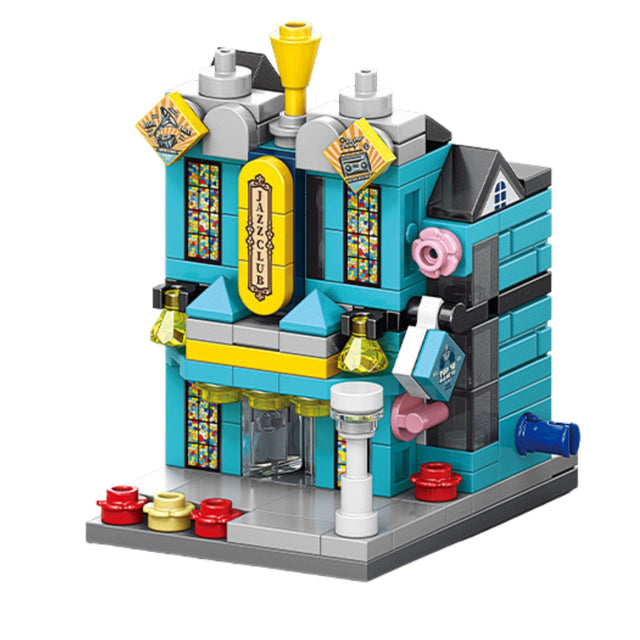 Set de construcție Flippy STEM, 145 piese albastru și galben, model 3D Stradă Comercială, vedere frontală