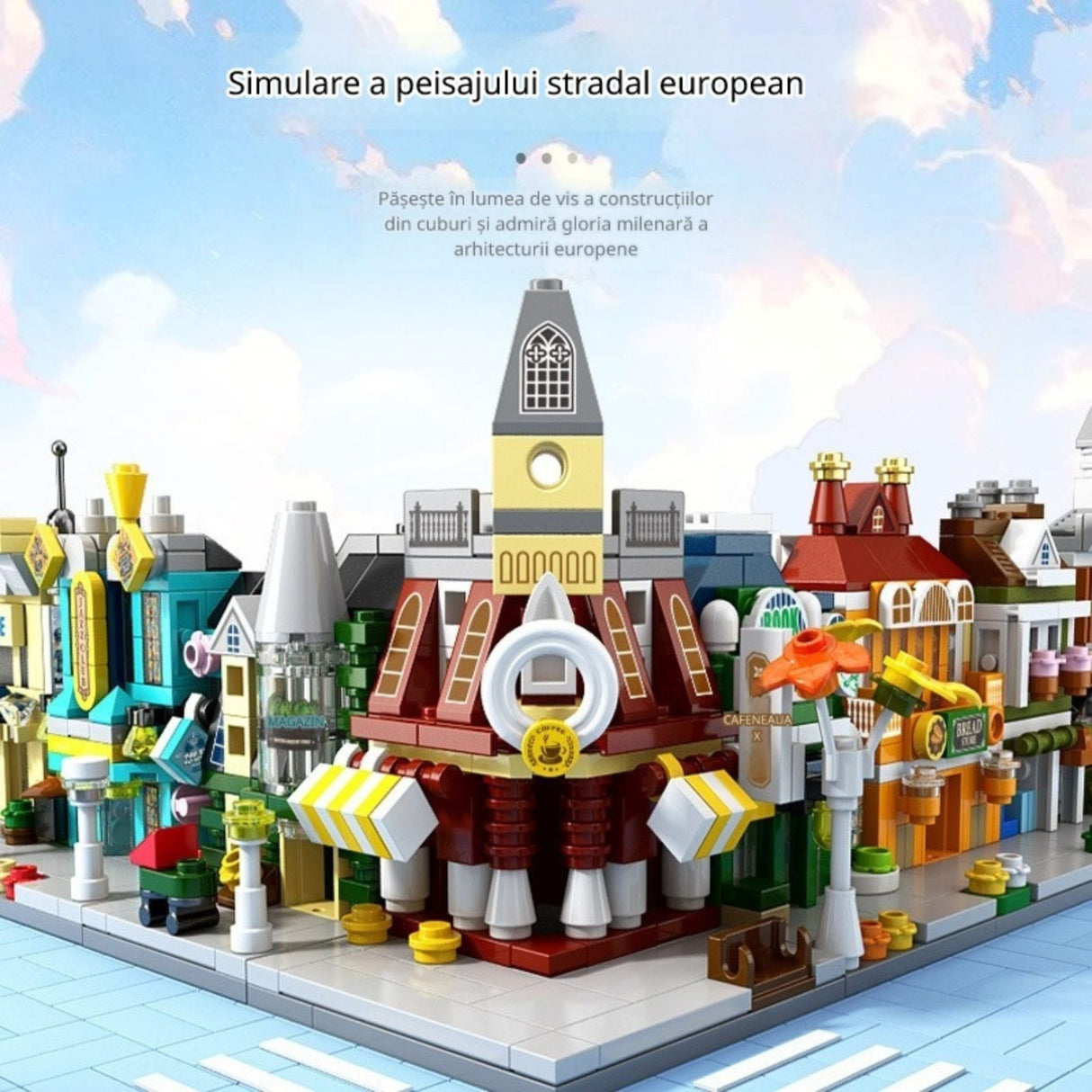 Model 3D asamblat Flippy Strada Comercială Europeană, dimensiuni 7.2 x 6.3 x 9.7 cm, design bordo și gri