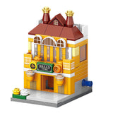 Set de construcție Flippy STEM 125 piese, model 3D Stradă Comercială Europeană, vedere frontală, culori galben și maro