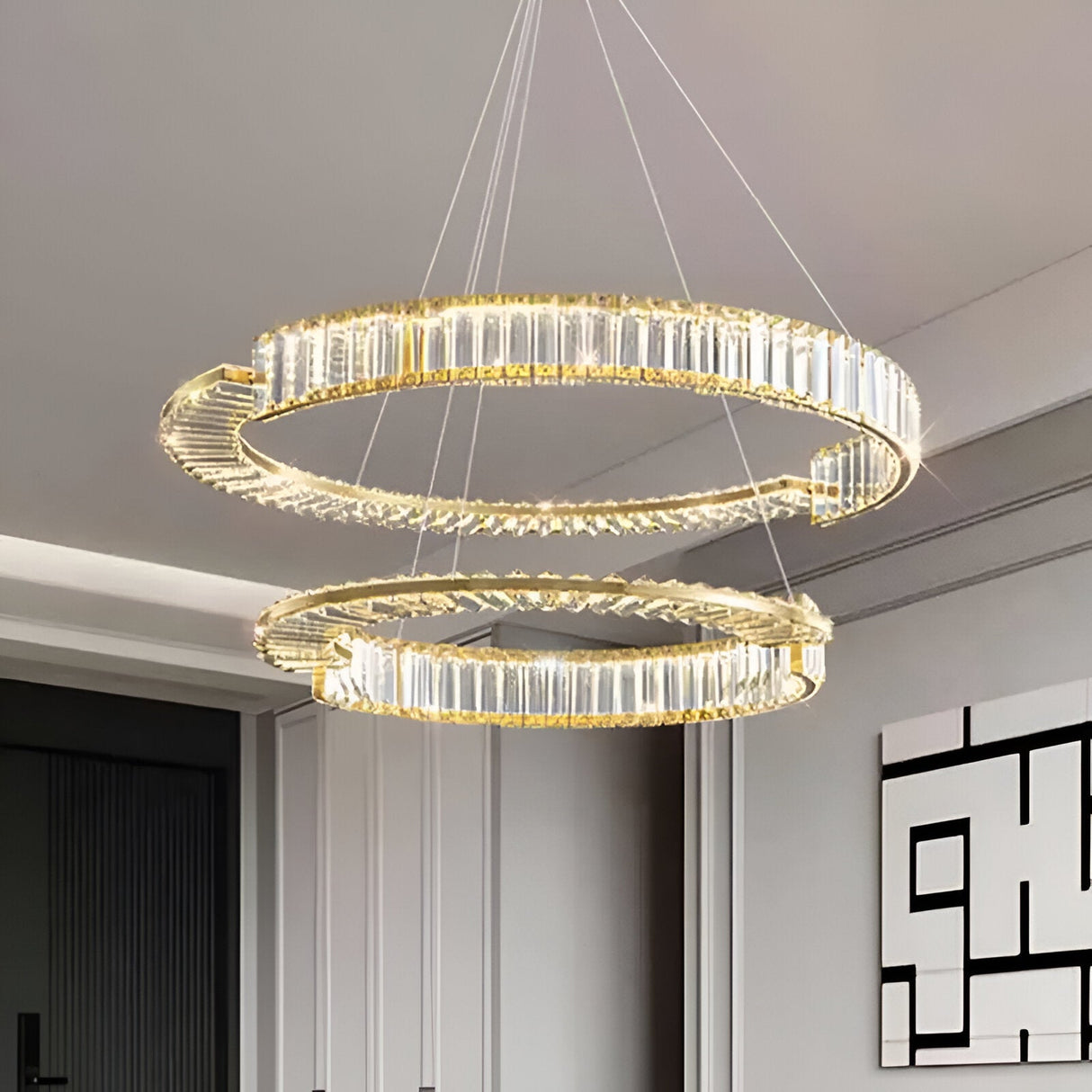 Lustra Led Suspendata Cu Telecomanda Si Cristal Prism Regal , 2 Cercuri, Lumina Rece/Calda/Neutra, Dimabila, - vivimall.ro