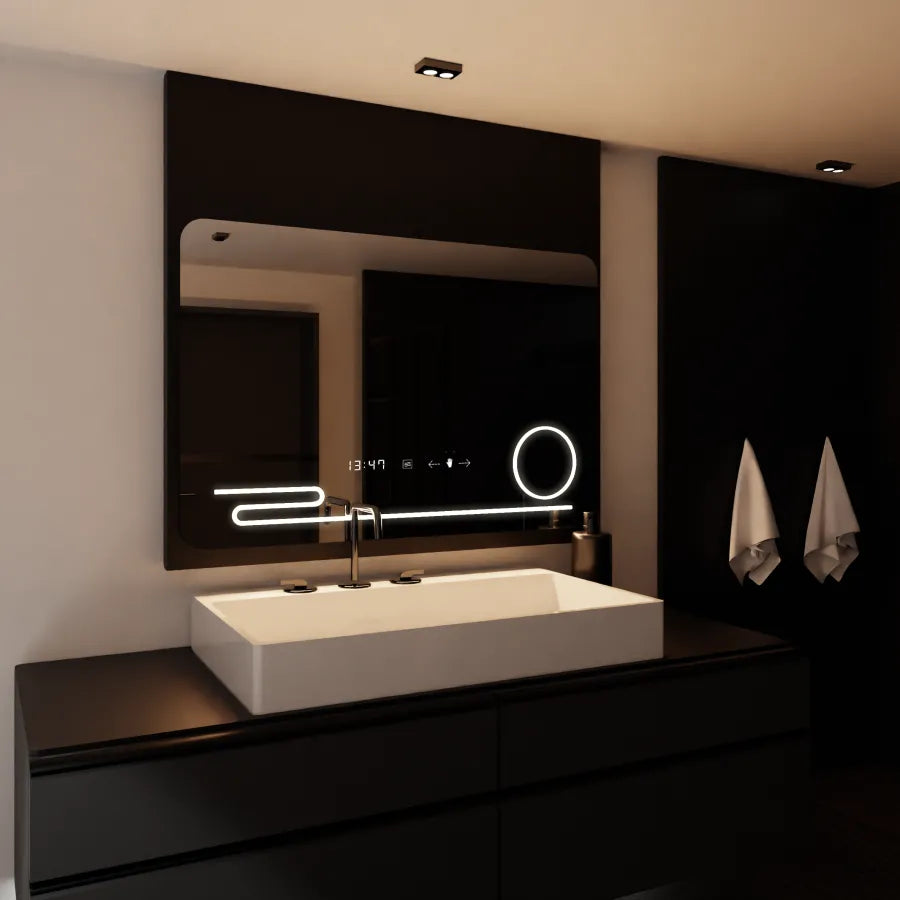 Oglinda Led Senzor Motionglow Filia, Cu Functie Dezaburire Termometru Ceas Si Lupa Cosmetica, Lumina Rece/Calda/Neutra Dimabila - vivimall.ro