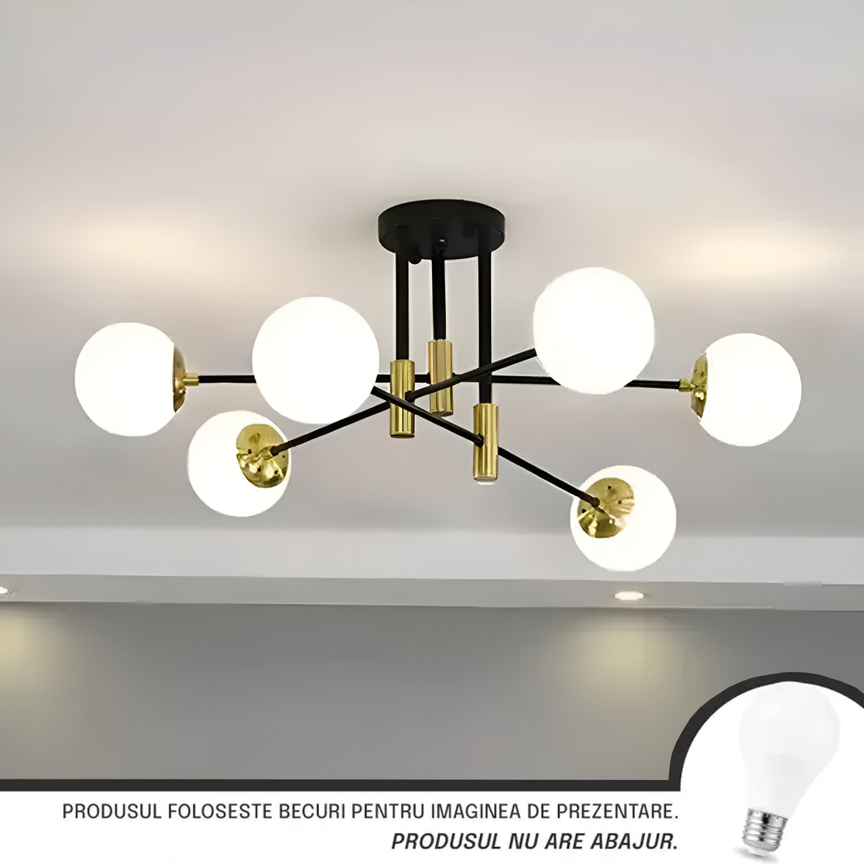 Lustra Cu Abajur Alb Rotund, Penthouse Lounge, 6Xe27, Negru / - vivimall.ro